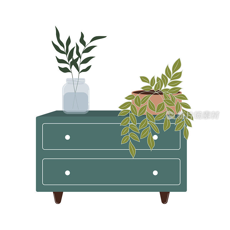 Plants in flower pot on the commode vector flat Illustration. Home decoration.